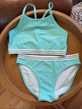 Zella Girl Aqua Two-Piece Swim Bikini with Striped Waistband